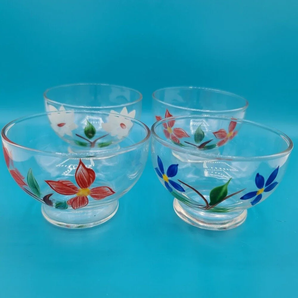 Hand Painted Clear Glass Sauce Floral Bowls Set Of 4